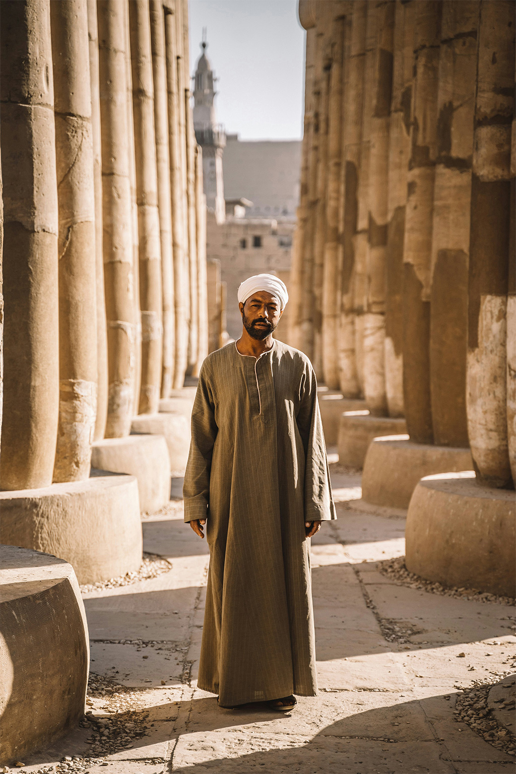 An Egyptian man in traditional clothes inside a temple in Luxor