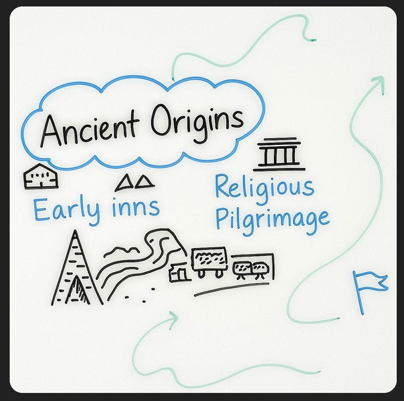 History of tourism sketch about the ancient origins of tourism starting with "early Inns" and religious pilgrimage